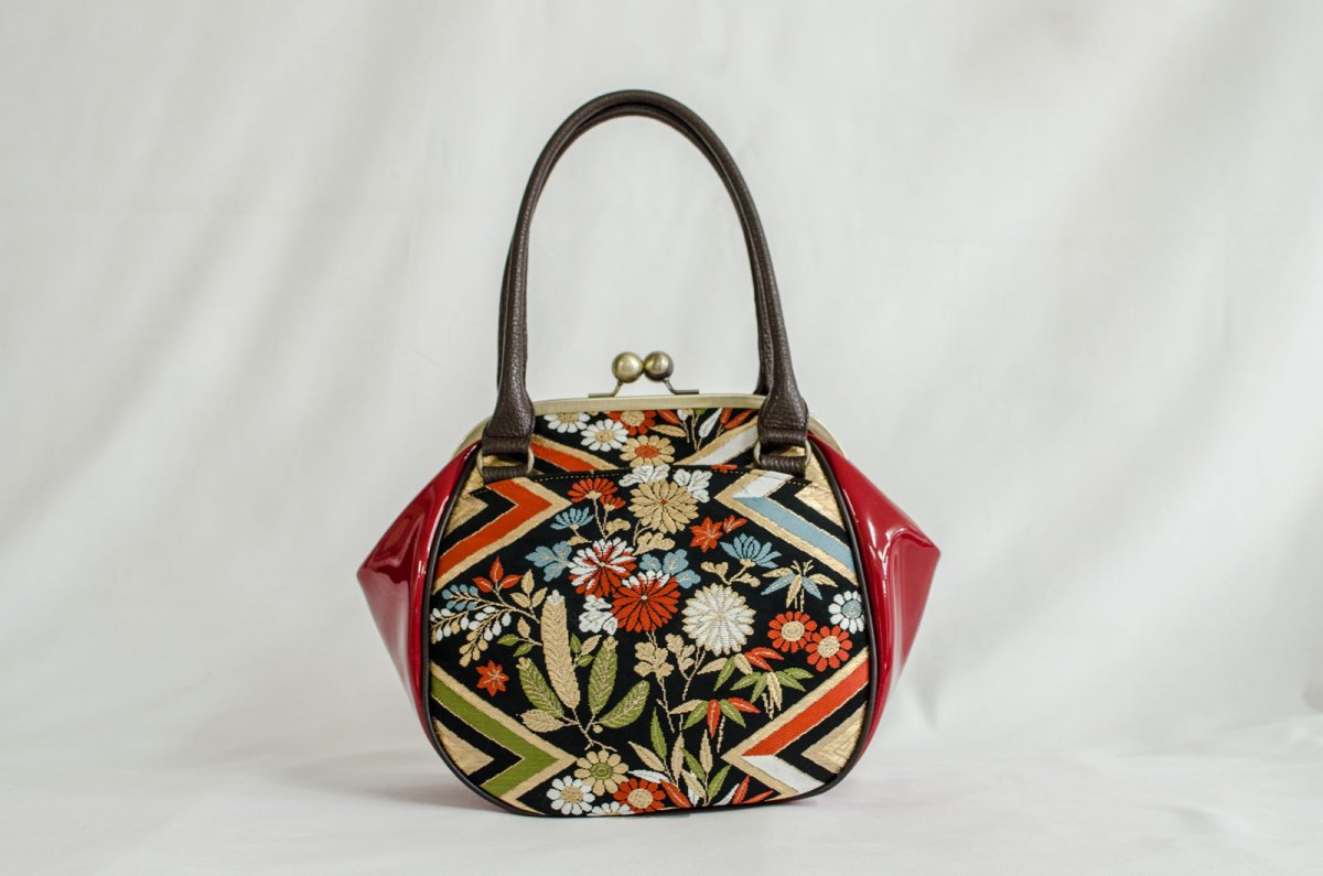 Photo1: 【K9200-BLKZ-L12A】Metal clasp hand bag made of Japanese traditional OBI (1)