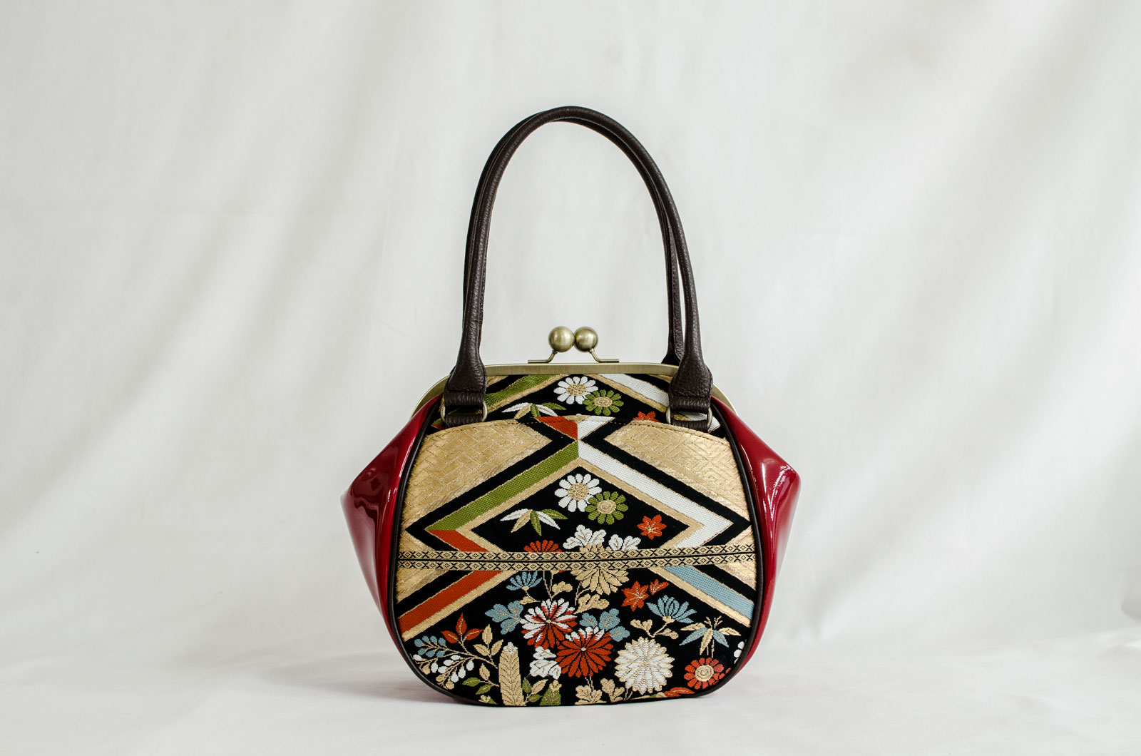 Photo1: 【K9200-BLKZ-L12B】Metal clasp hand bag made of Japanese traditional OBI (1)